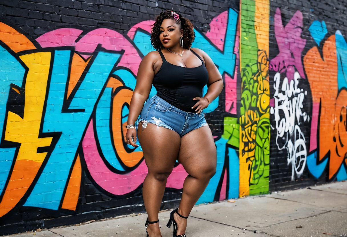 A confident, curvy woman named Big Booty Judy posing in a vibrant urban setting, celebrating body positivity with colorful street art in the background. She wears a stylish outfit that accentuates her curves, with empowering phrases like 'Love Your Curves' artistically displayed around her. The scene radiates joy and self-acceptance, with soft, warm lighting highlighting her features. super-realistic. vibrant colors. graffiti art style.